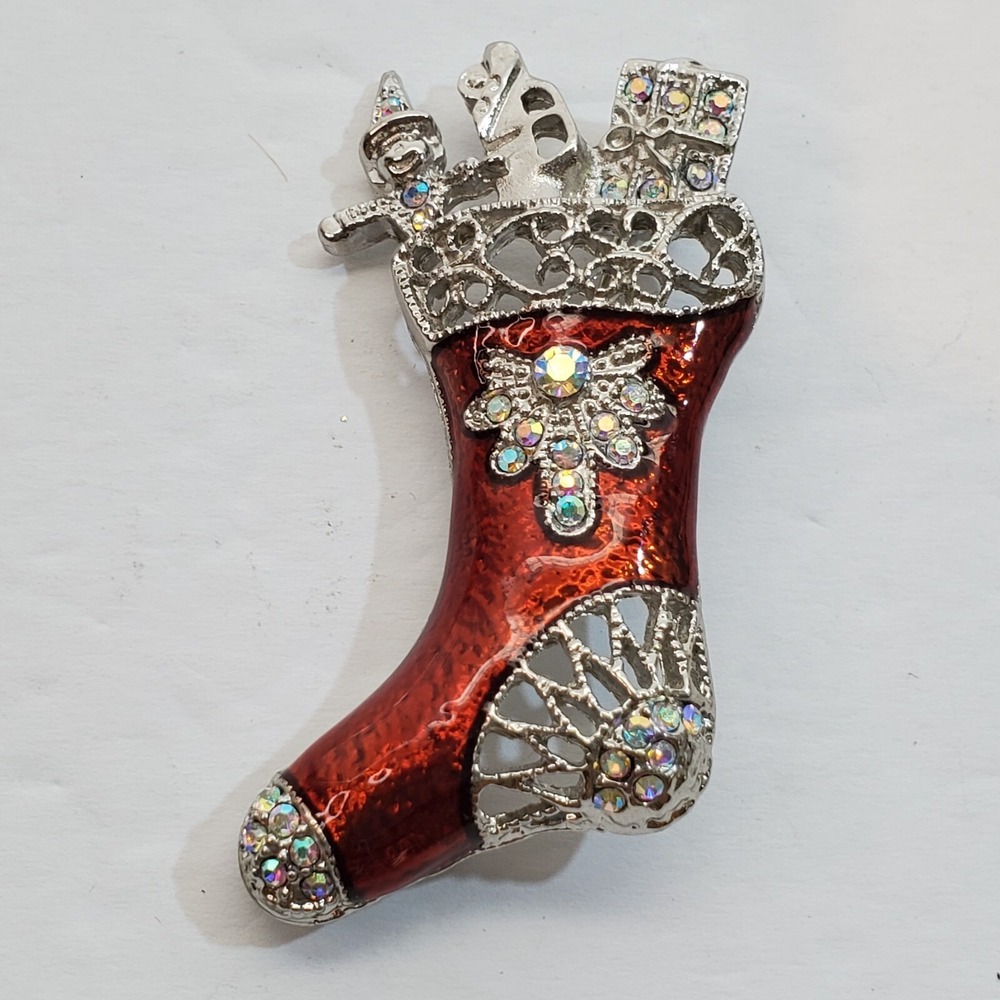 Silver Tone Metal Red Enamel Clear Rhinestones Christmas Stocking Brooch Pin